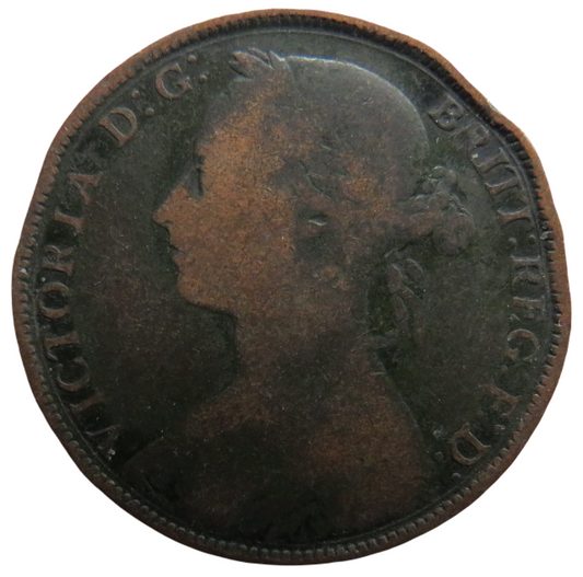 1882-H Queen Victoria Bun Head One Penny Coin - Great Britain
