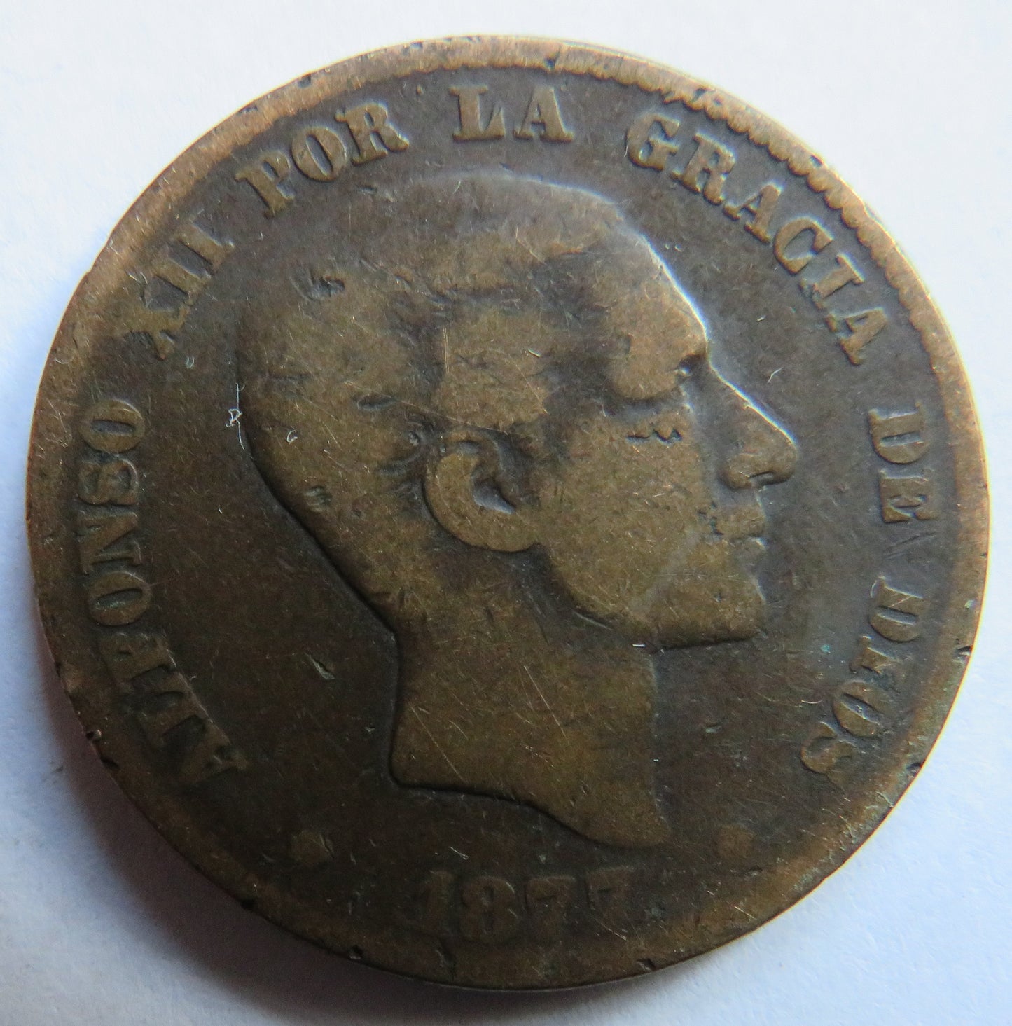 1877 Spain 10 Centimos Coin