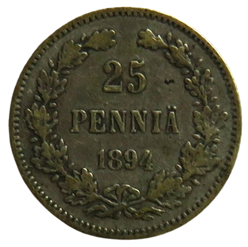 1894 Finland Silver 25 Pennia Coin