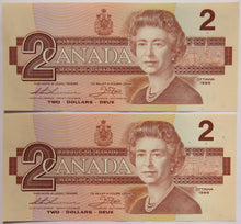 Load image into Gallery viewer, Pair of 1986 Canada $2 Banknotes Consecutive Numbers
