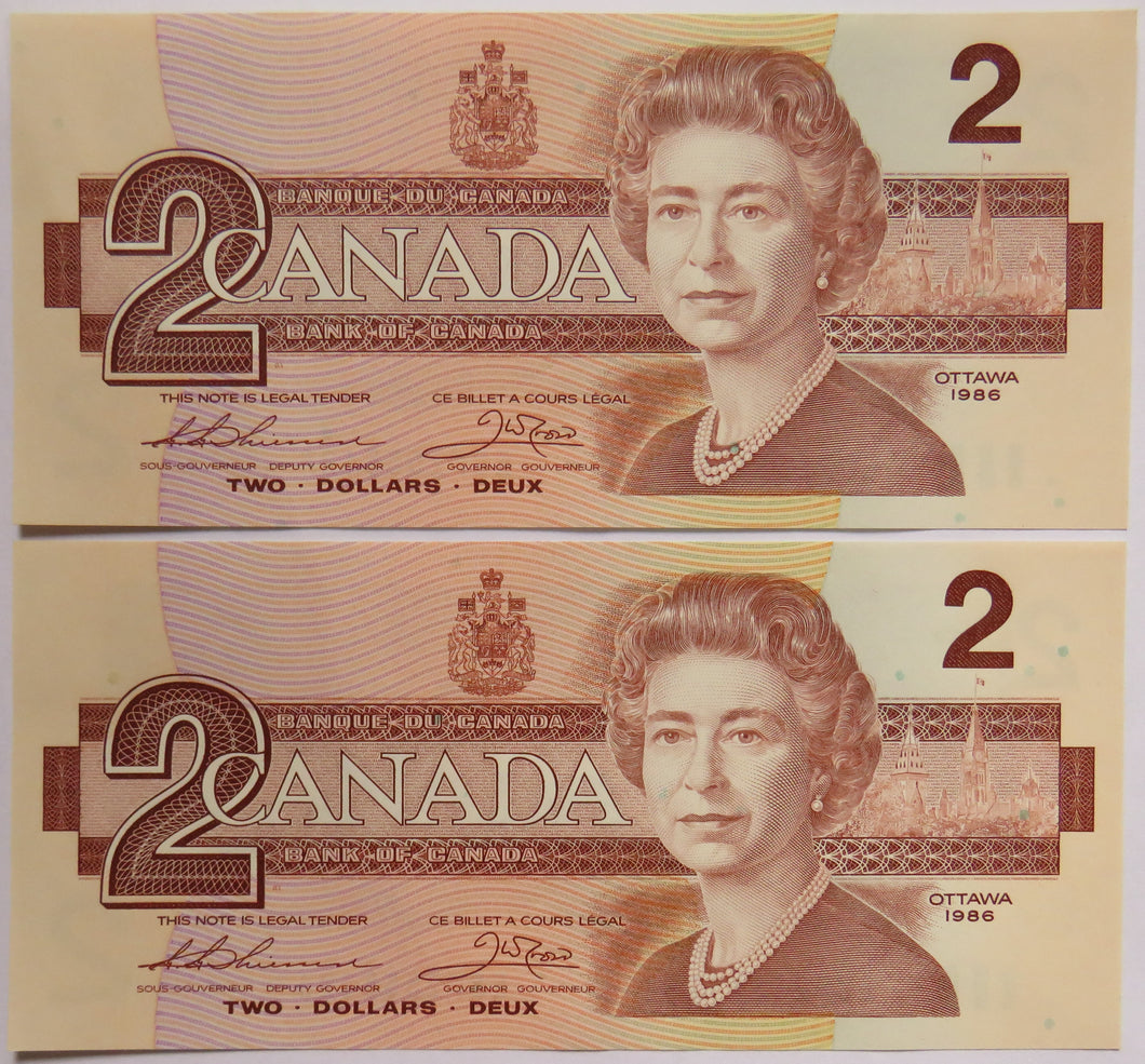 Pair of 1986 Canada $2 Banknotes Consecutive Numbers