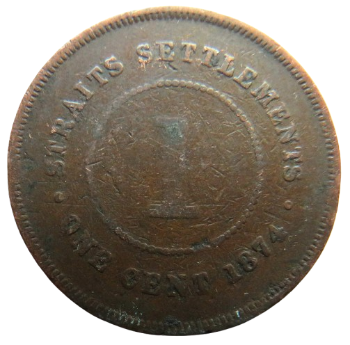 1874 Queen Victoria Straits Settlements One Cent Coin