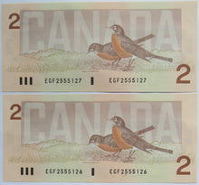 Load image into Gallery viewer, Pair of 1986 Canada $2 Banknotes Consecutive Numbers
