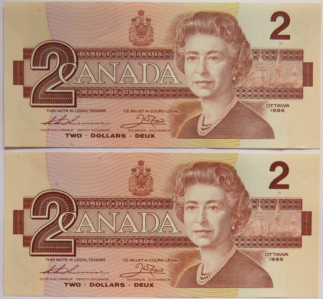 Pair of 1986 Canada $2 Banknotes Consecutive Numbers