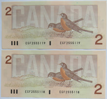 Load image into Gallery viewer, Pair of 1986 Canada $2 Banknotes Consecutive Numbers
