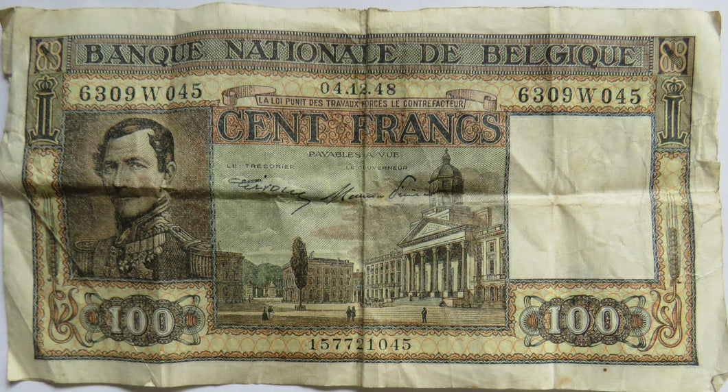 1948 Belgium 100 Francs Banknote