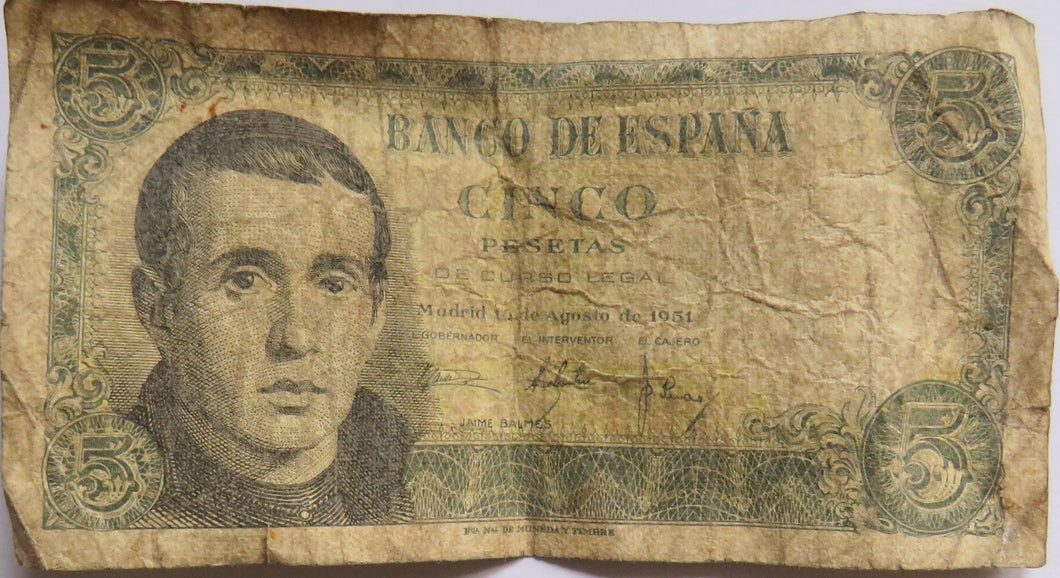 1951 Spain 5 Pesetas Banknote