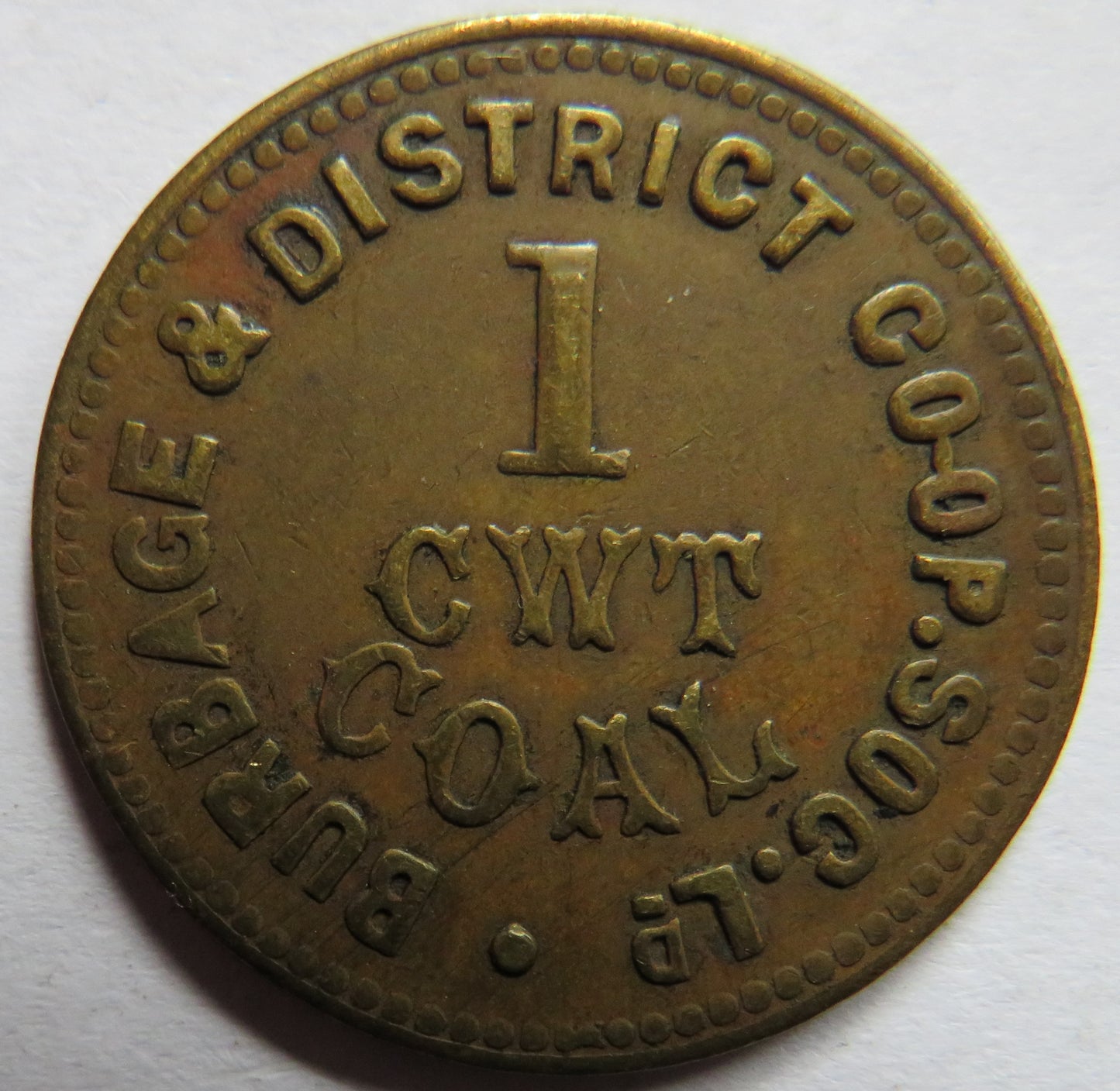 Burbage & District Cooperative Society 1 CWT Coal Token