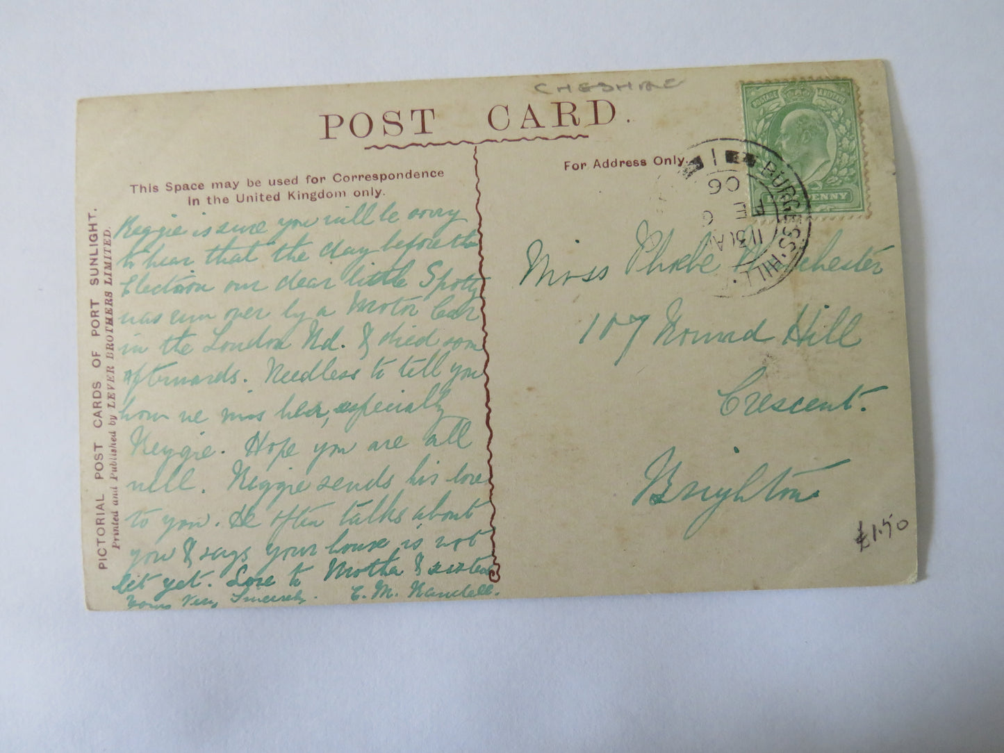 Vintage Postcard of Cottage Homes, Greendale Road, Port Sunlight, 1906