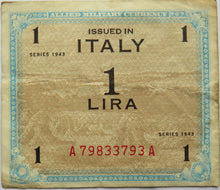 Load image into Gallery viewer, 1943 Allied Military Currency Italy 1 One Lira Note
