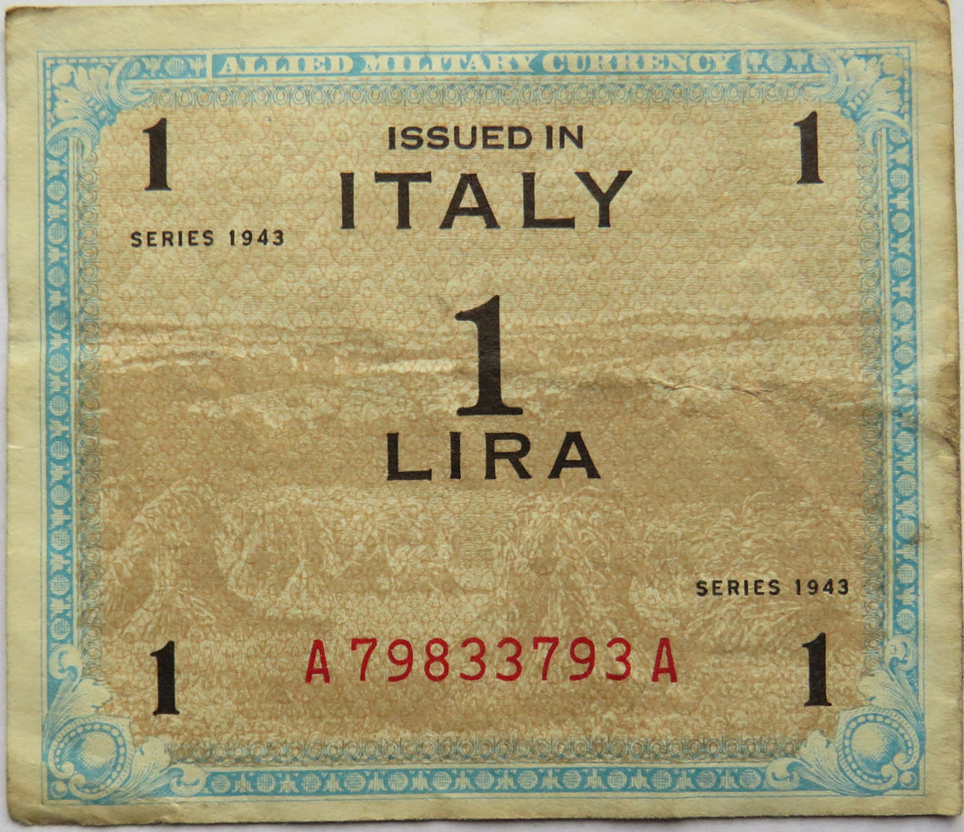 1943 Allied Military Currency Italy 1 One Lira Note