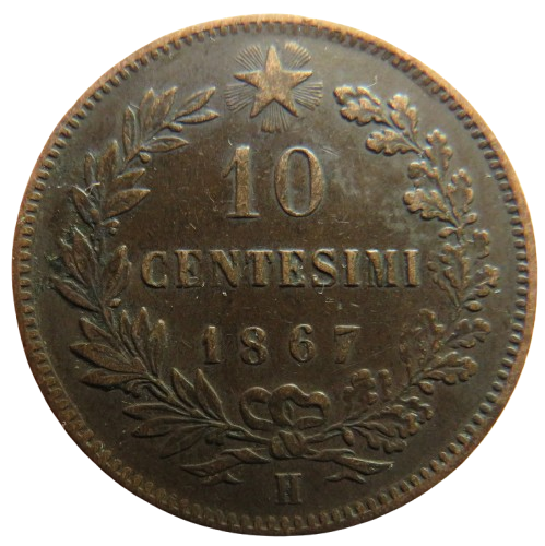 1867-H Italy 10 Centesimi Coin In Better Grade