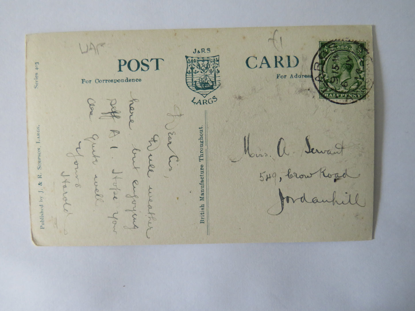 Vintage Postcard of Bowen Craig Walk & Battle Memorial, Largs, 1914