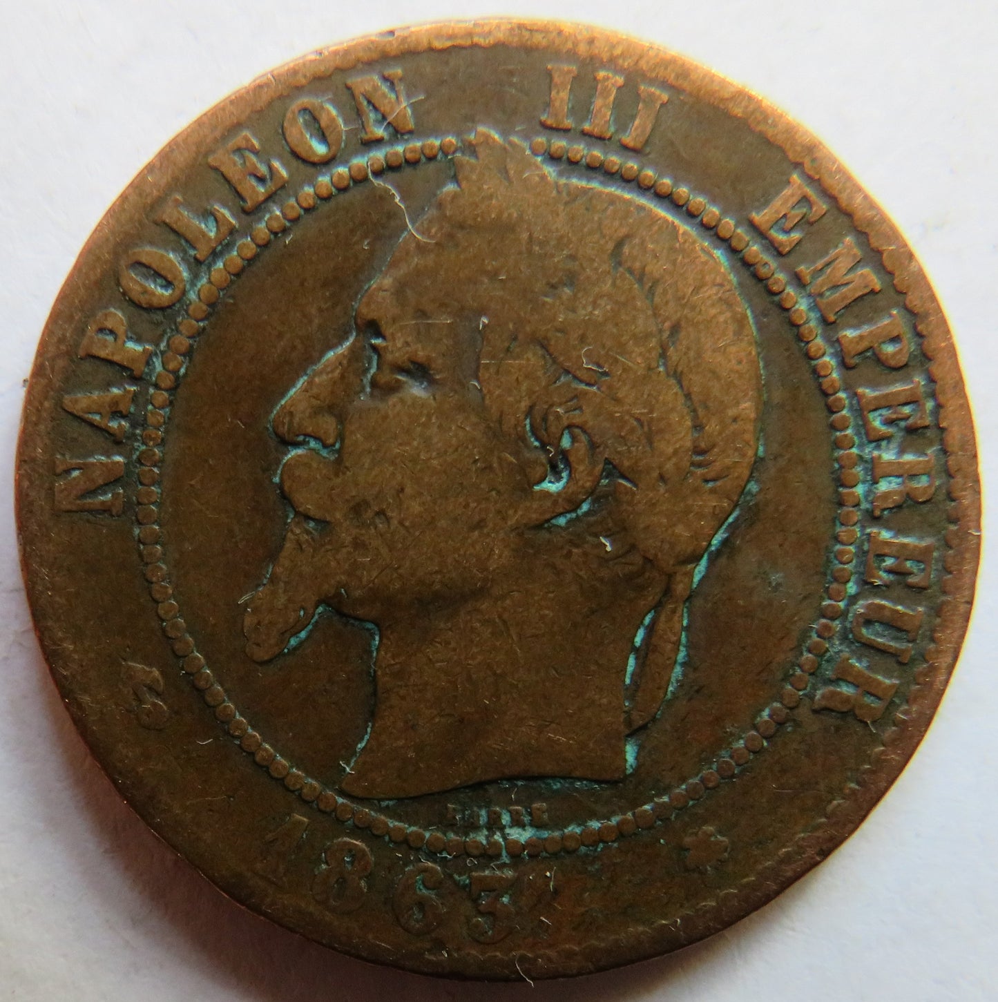 1863-A France Napoleon III 10 Centimes Coin