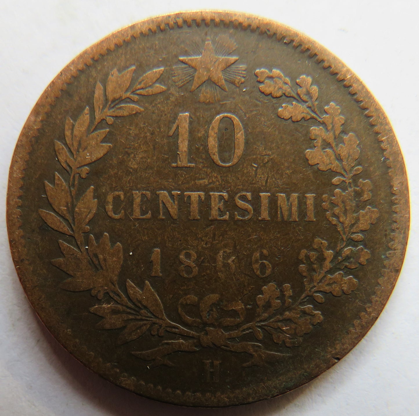 1866-H Italy 10 Centesimi Coin