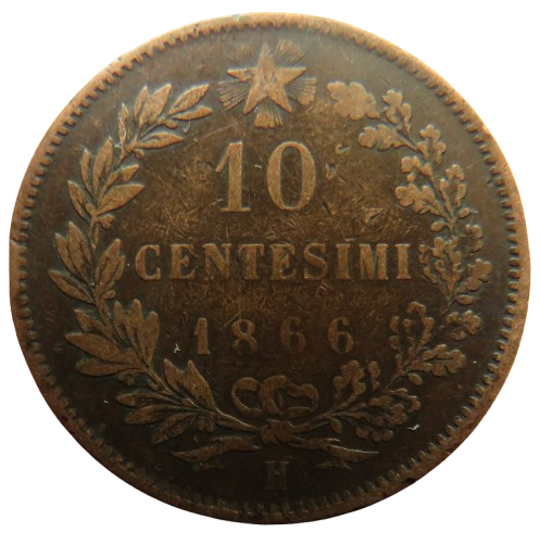 1866-H Italy 10 Centesimi Coin