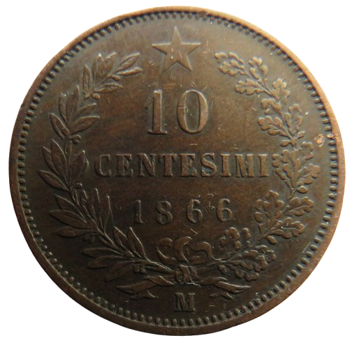 1866-M Italy 10 Centesimi Coin
