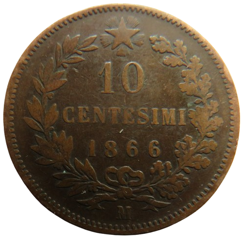 1866-M Italy 10 Centesimi Coin