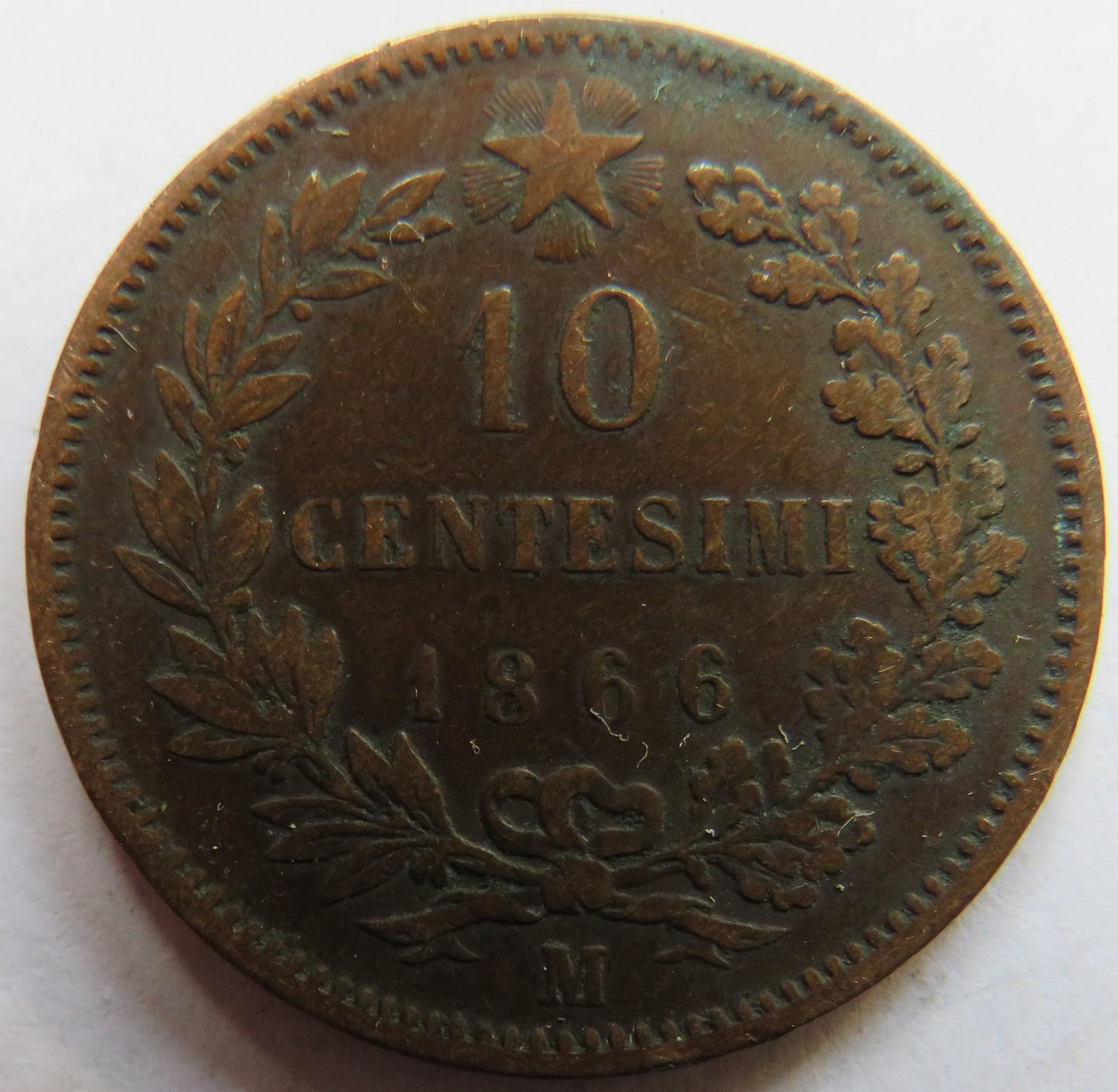 1866-M Italy 10 Centesimi Coin