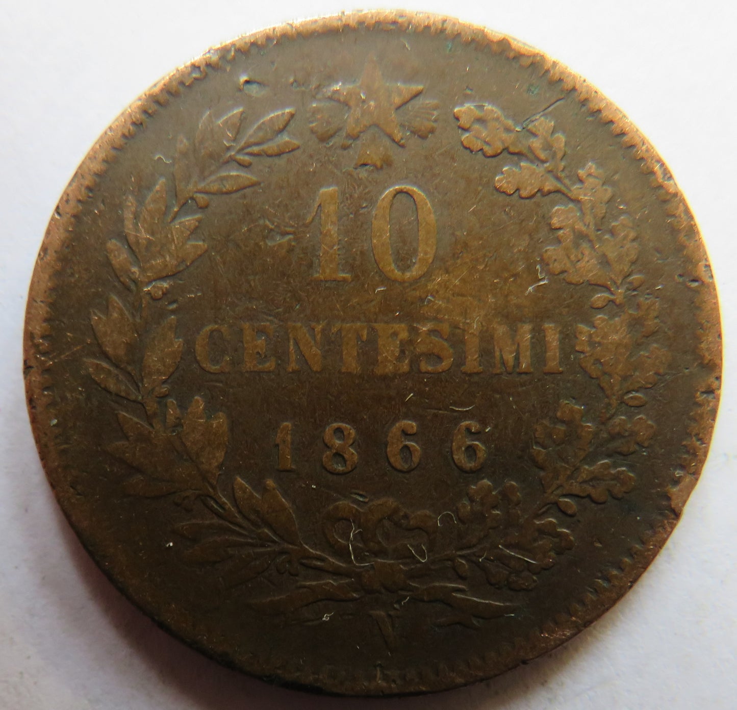 1866-N Italy 10 Centesimi Coin