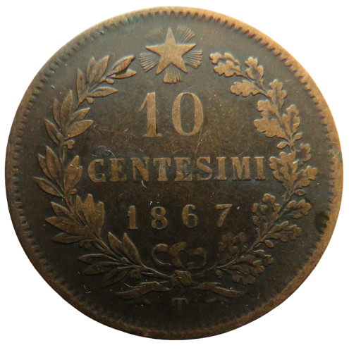 1867-T Italy 10 Centesimi Coin