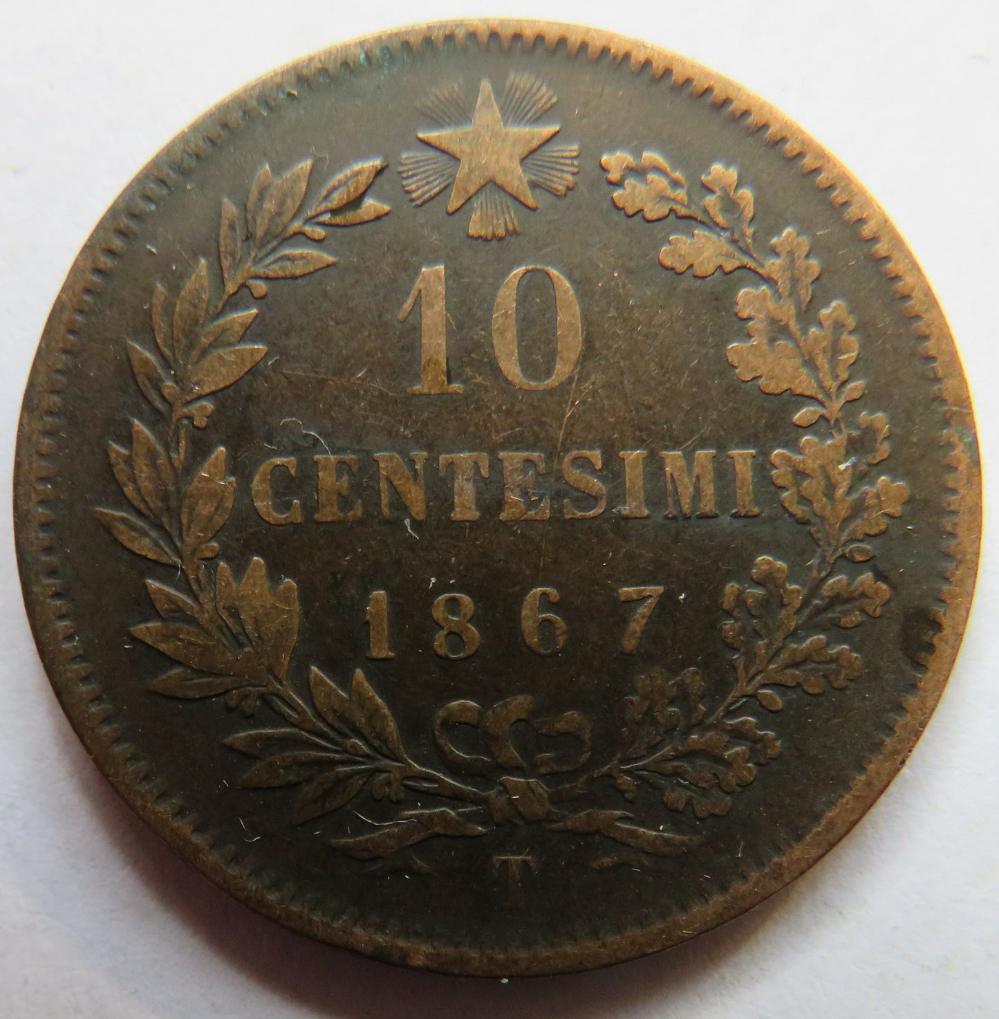 1867-T Italy 10 Centesimi Coin