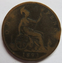 Load image into Gallery viewer, 1893 Queen Victoria Bun Head One Penny Coin - Great Britain
