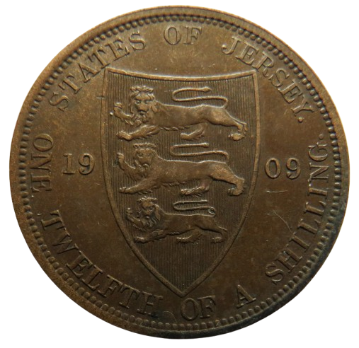 1909 King Edward VII Jersey 1/12th of a Shilling Coin