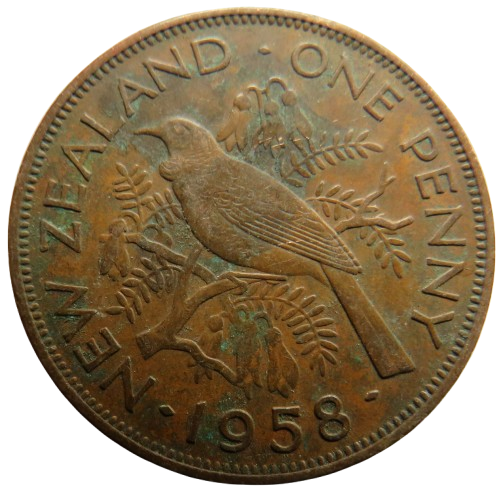 1958 Queen Elizabeth II New Zealand One Penny Coin