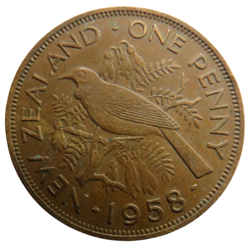 1958 Queen Elizabeth II New Zealand One Penny Coin