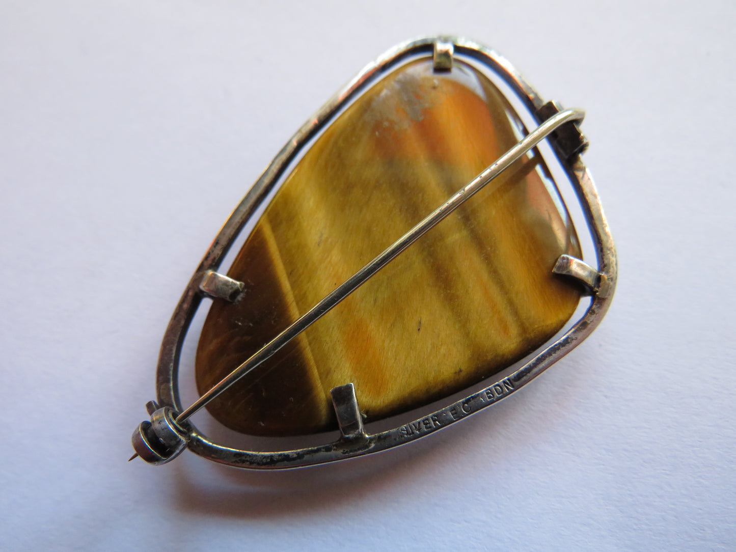 Vintage Silver & Tiger Eye Stone Brooch By E.C. Bon
