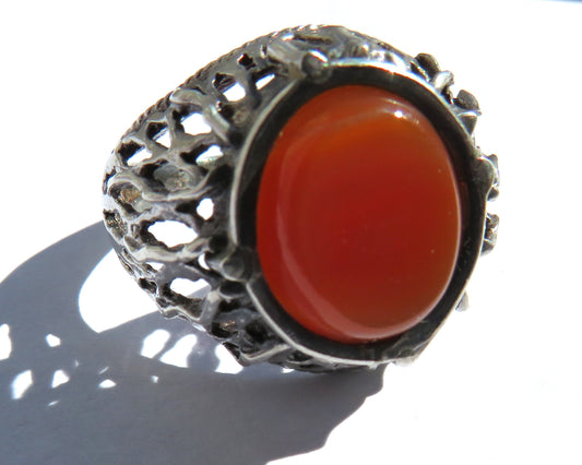 Large Sterling Silver & Carnelian Men's Ring UK Size U & 1/2