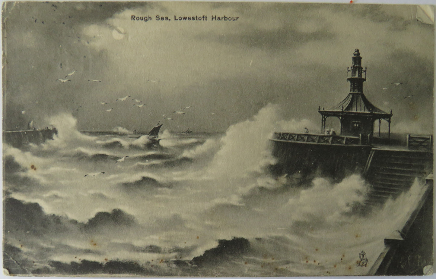 Vintage Postcard of Rough Sea, Lowestoft Harbour, 1914
