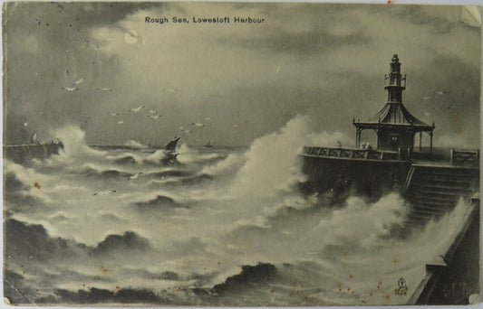 Vintage Postcard of Rough Sea, Lowestoft Harbour, 1914