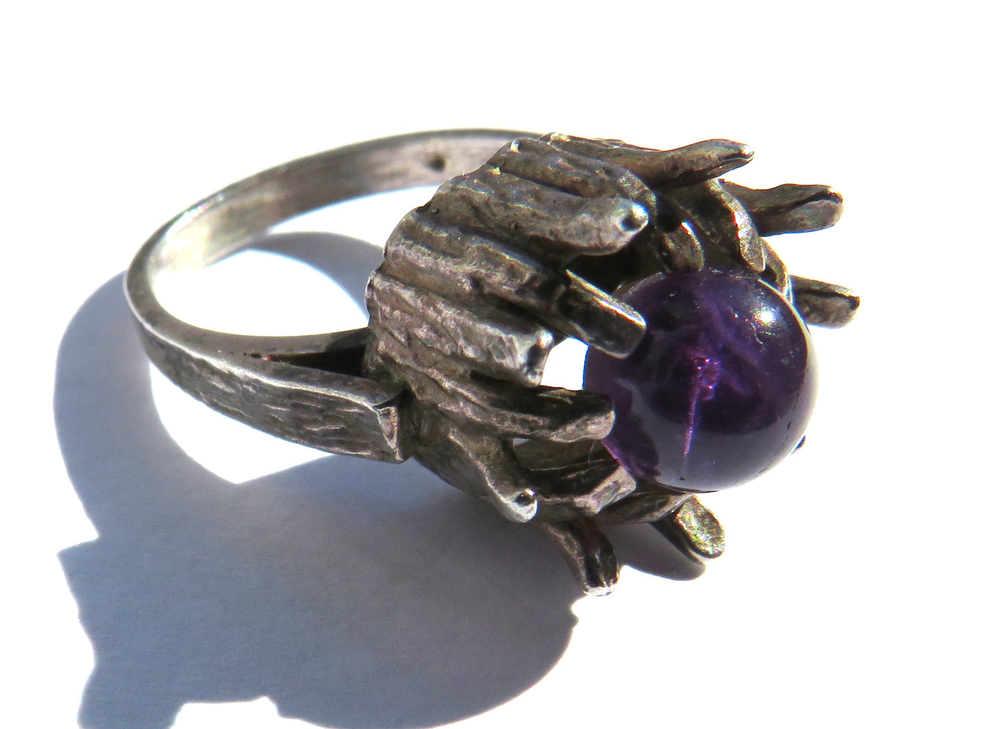 Modernist Sterling Silver & Purple Stone Ring - UK Size N