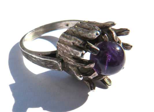 Modernist Sterling Silver & Purple Stone Ring - UK Size N