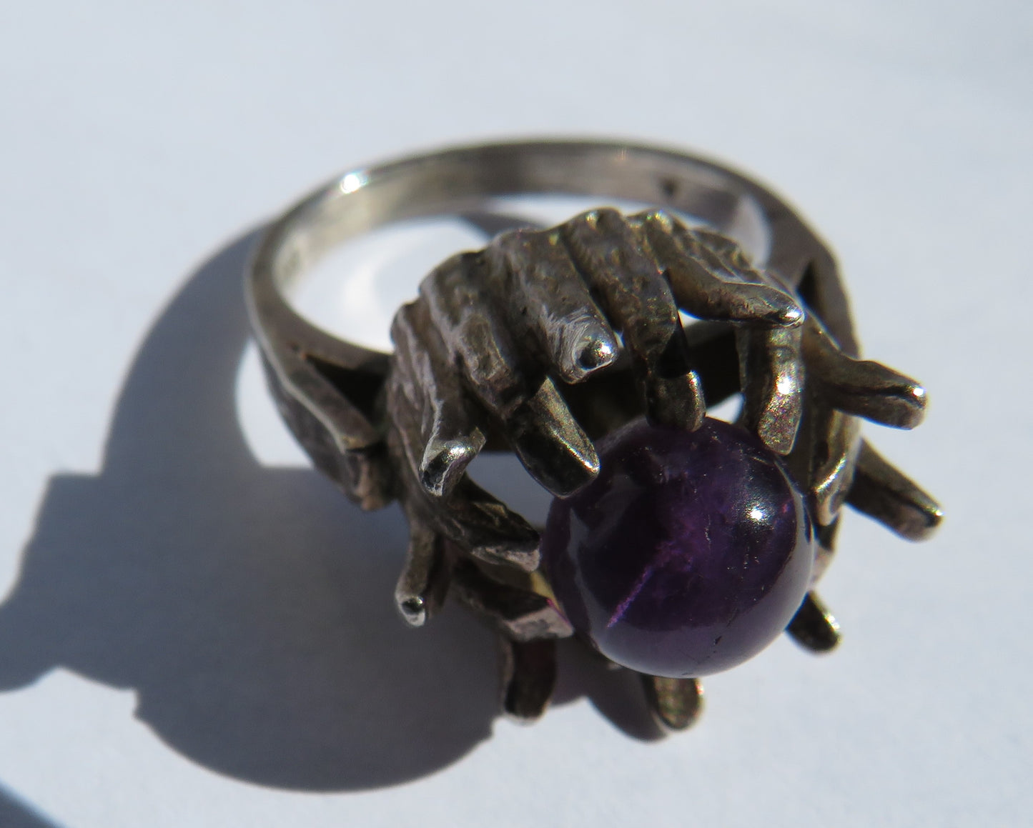 Modernist Sterling Silver & Purple Stone Ring - UK Size N