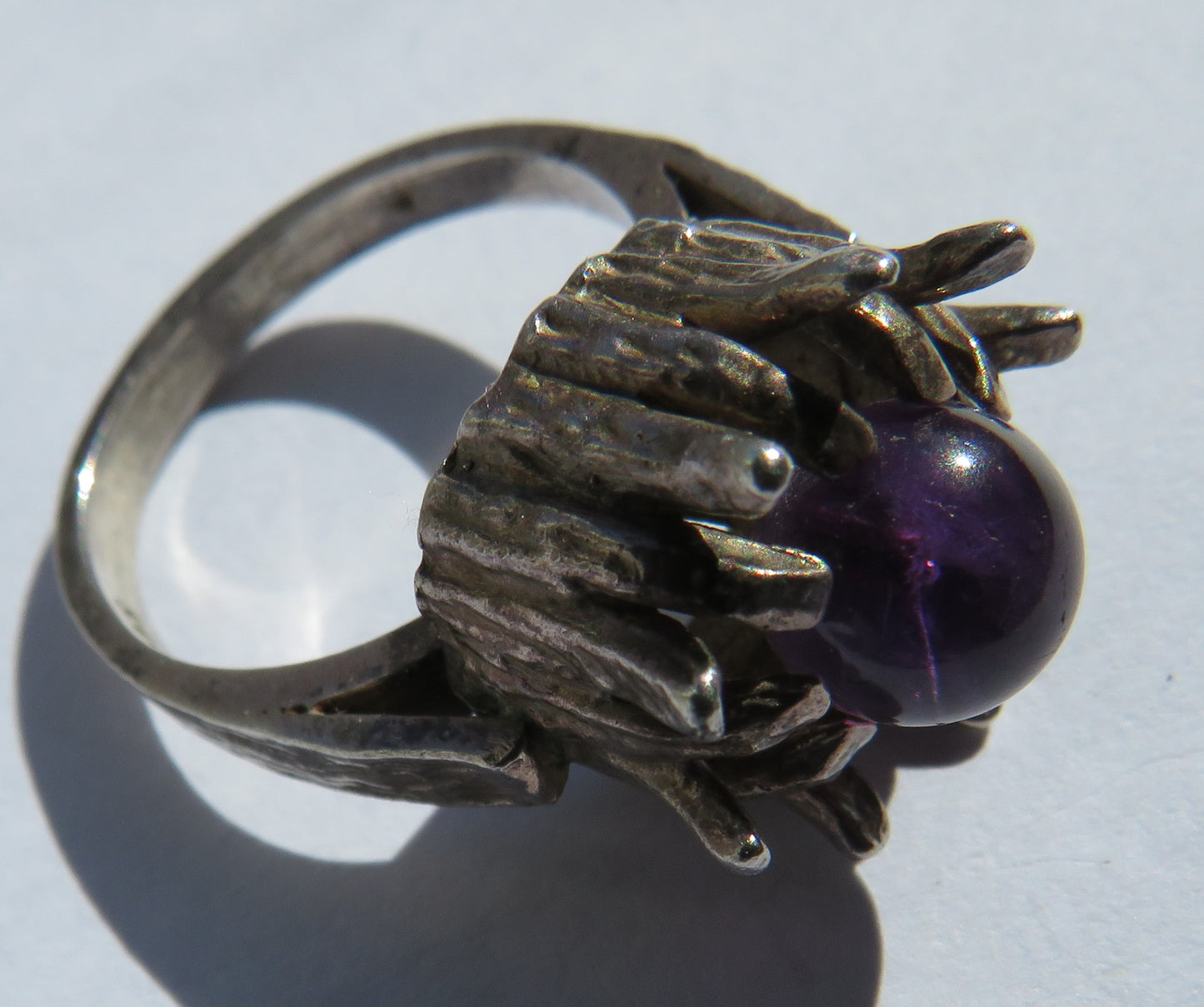 Modernist Sterling Silver & Purple Stone Ring - UK Size N