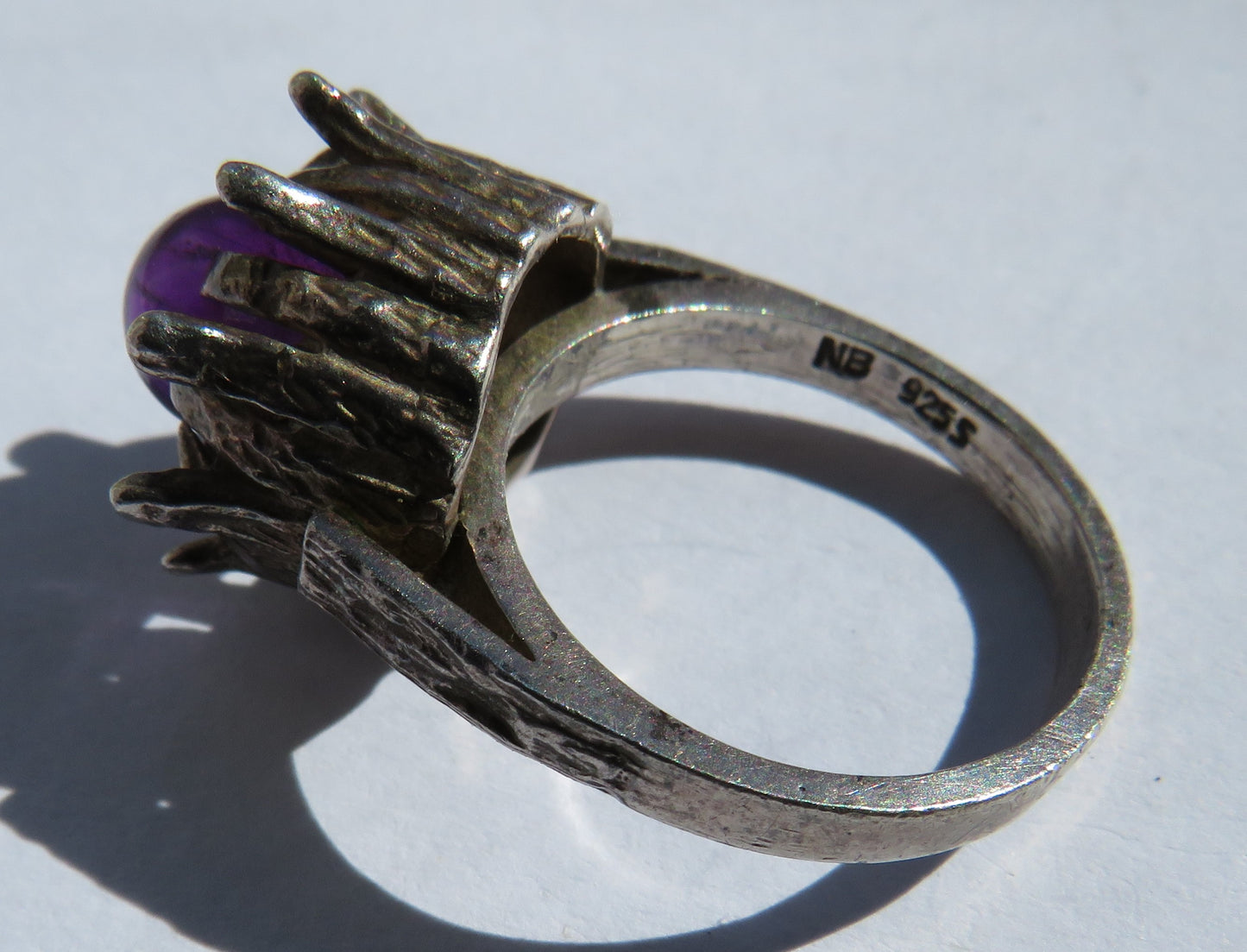 Modernist Sterling Silver & Purple Stone Ring - UK Size N