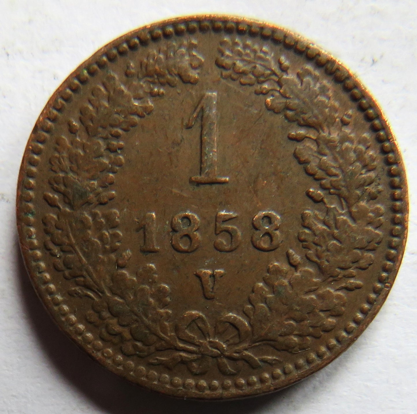 1858-V Austria One Kreuzer Coin Scarce Date