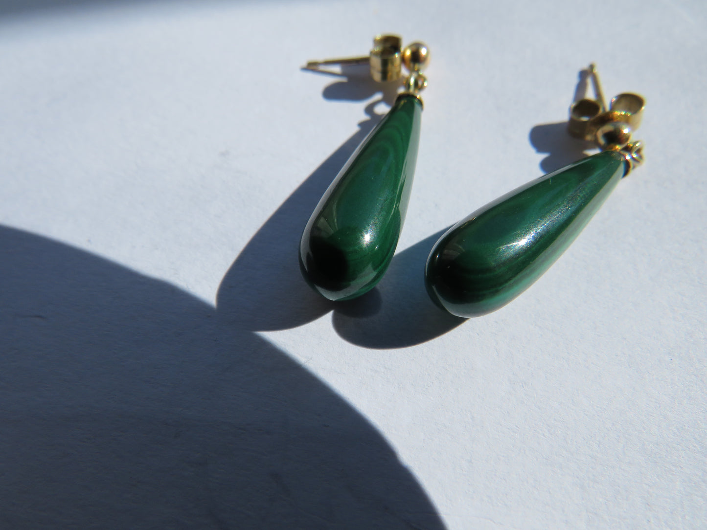 Vintage Ladies 9ct Gold & Malachite Drop Earrings