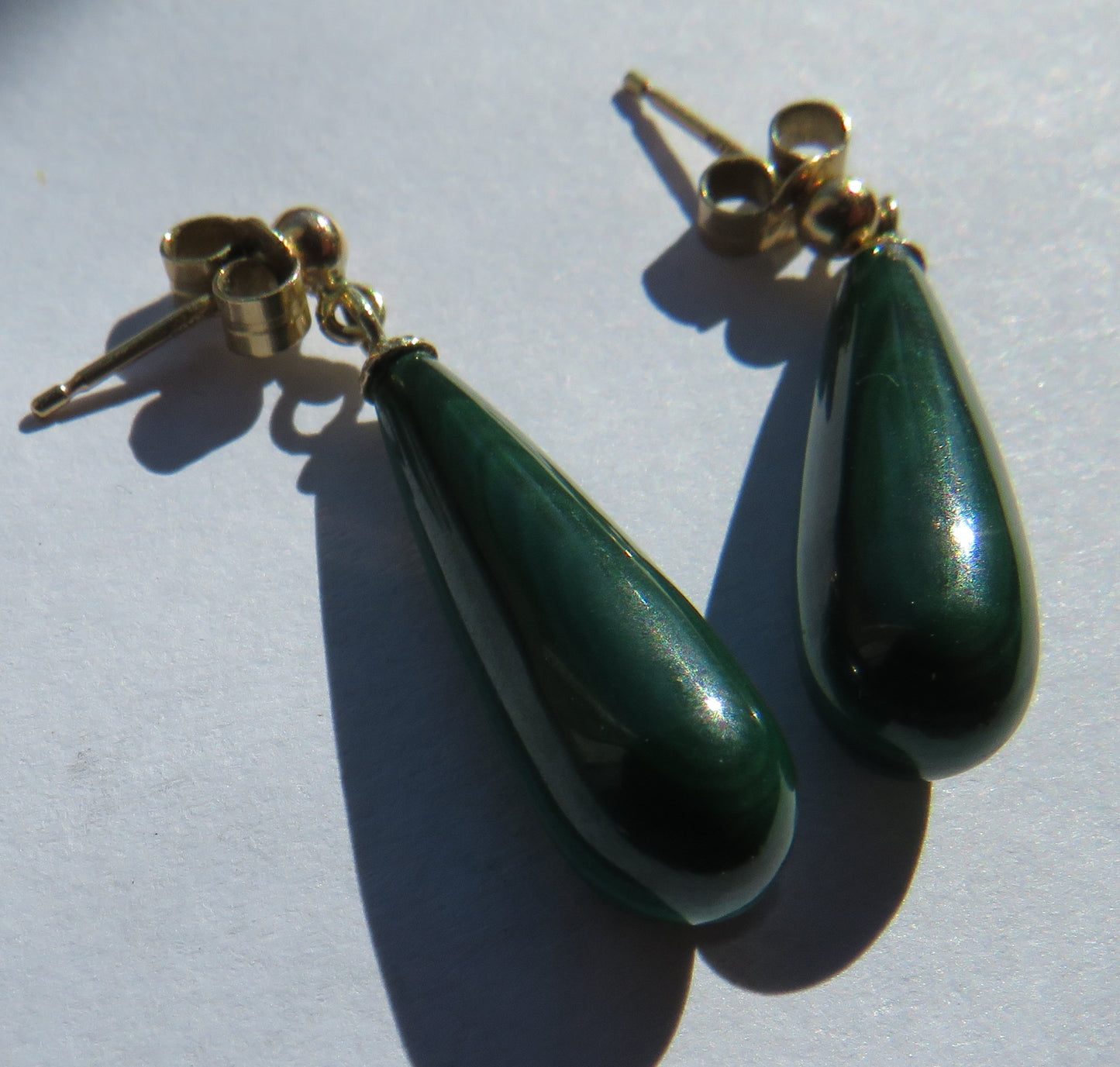 Vintage Ladies 9ct Gold & Malachite Drop Earrings