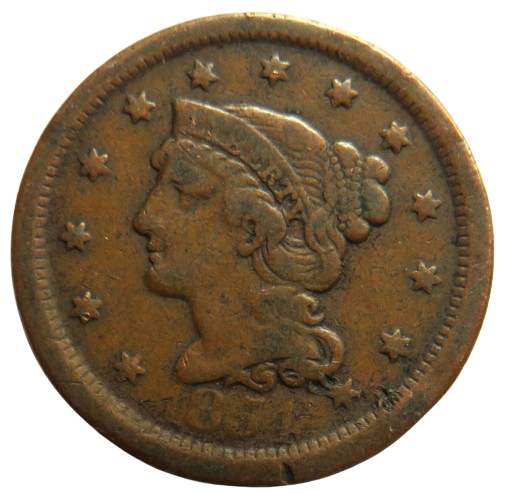 1854 USA Braided Hair One Cent Coin