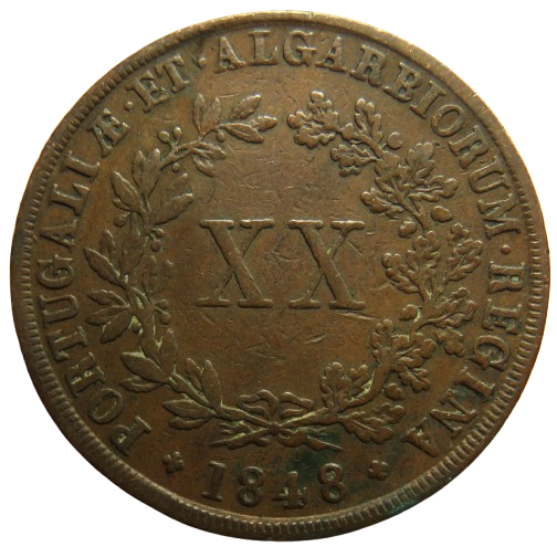 1848 Portugal 20 Reis Coin