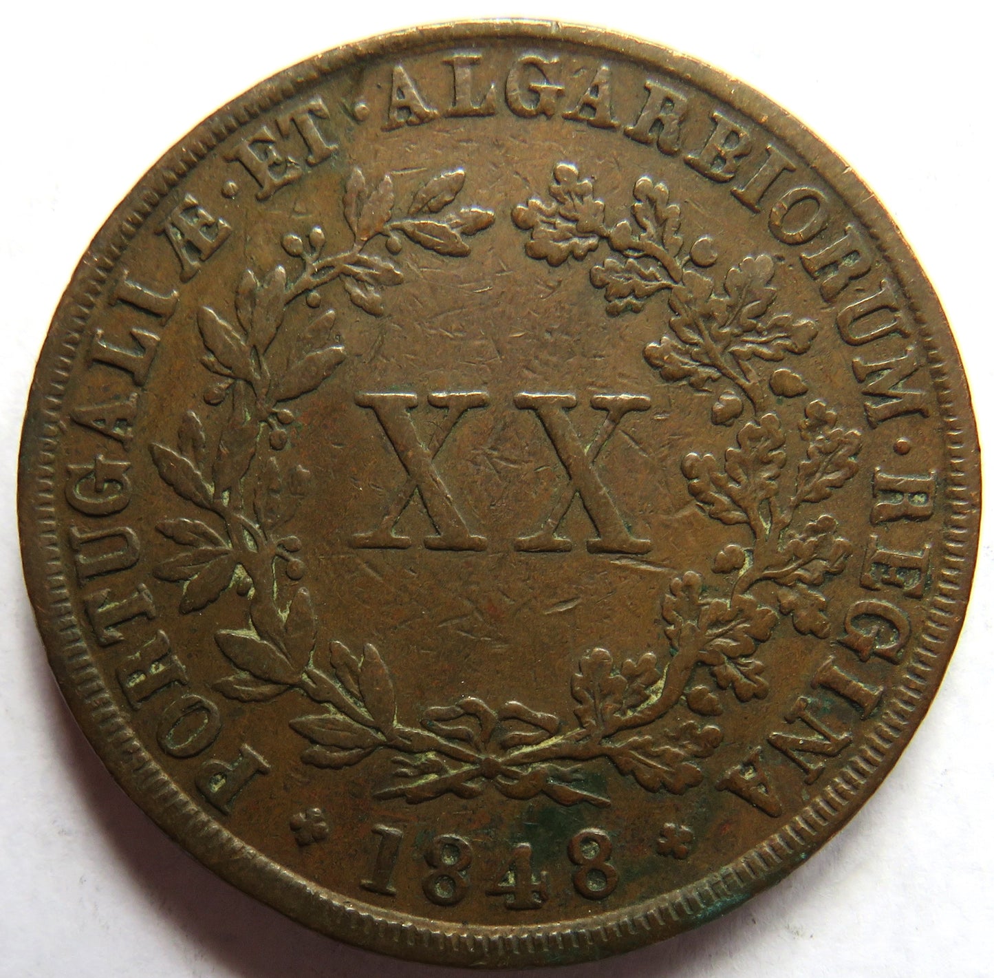 1848 Portugal 20 Reis Coin