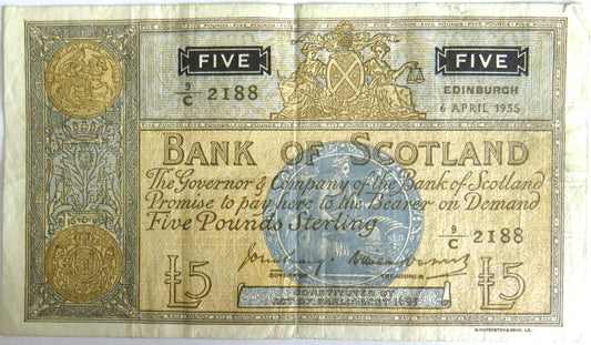 1955 Bank of Scotland £5 Five Pound Banknote