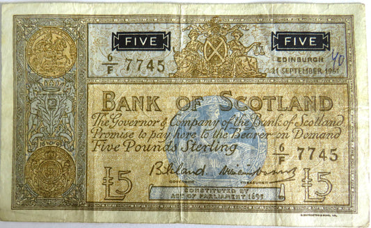 1961 Bank of Scotland £5 Five Pound Banknote