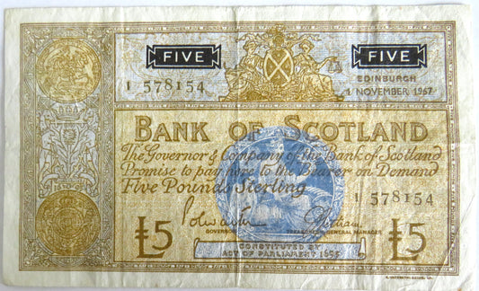 1967 Bank of Scotland £5 Five Pound Banknote