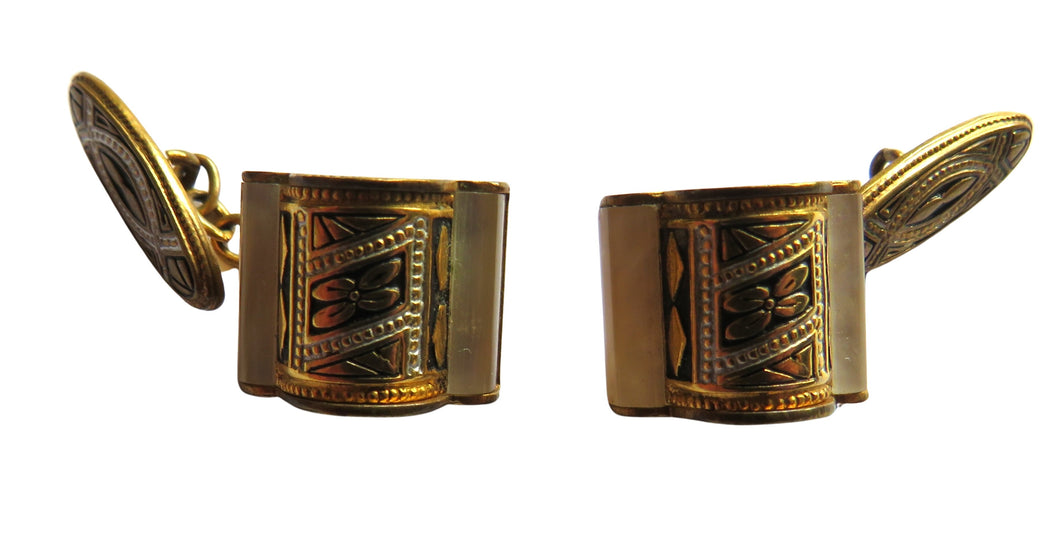 Vintage Pair of Cufflinks Damascene Gold, Black & Mother of Pearl