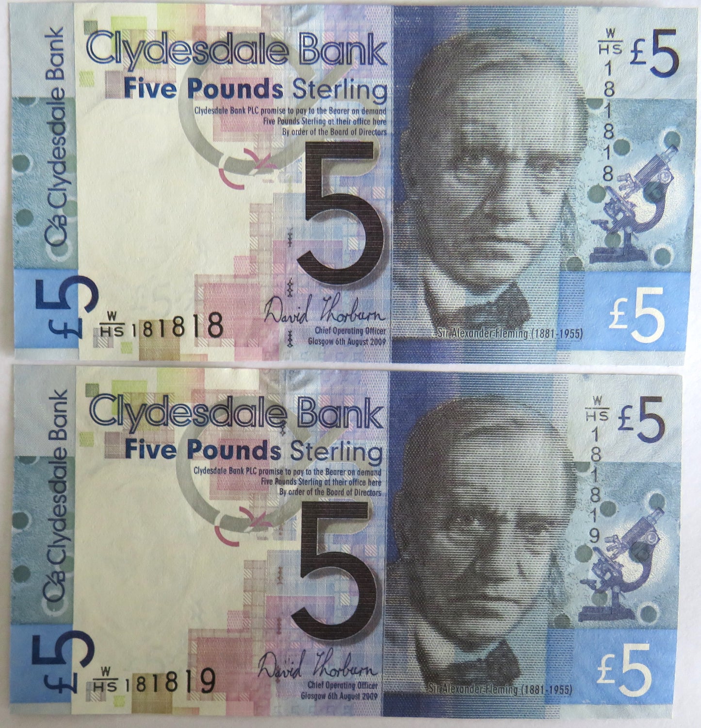 Consecutive Clydesdale Bank £5 Five Pound Notes 2009